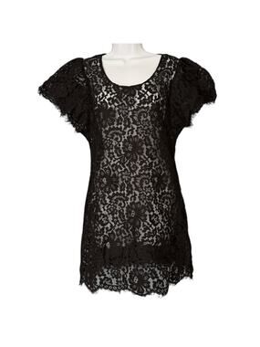 Beyond Vintage Black Floral Lace Tunic Dress Shell Women’s L Whimsygoth Witchy